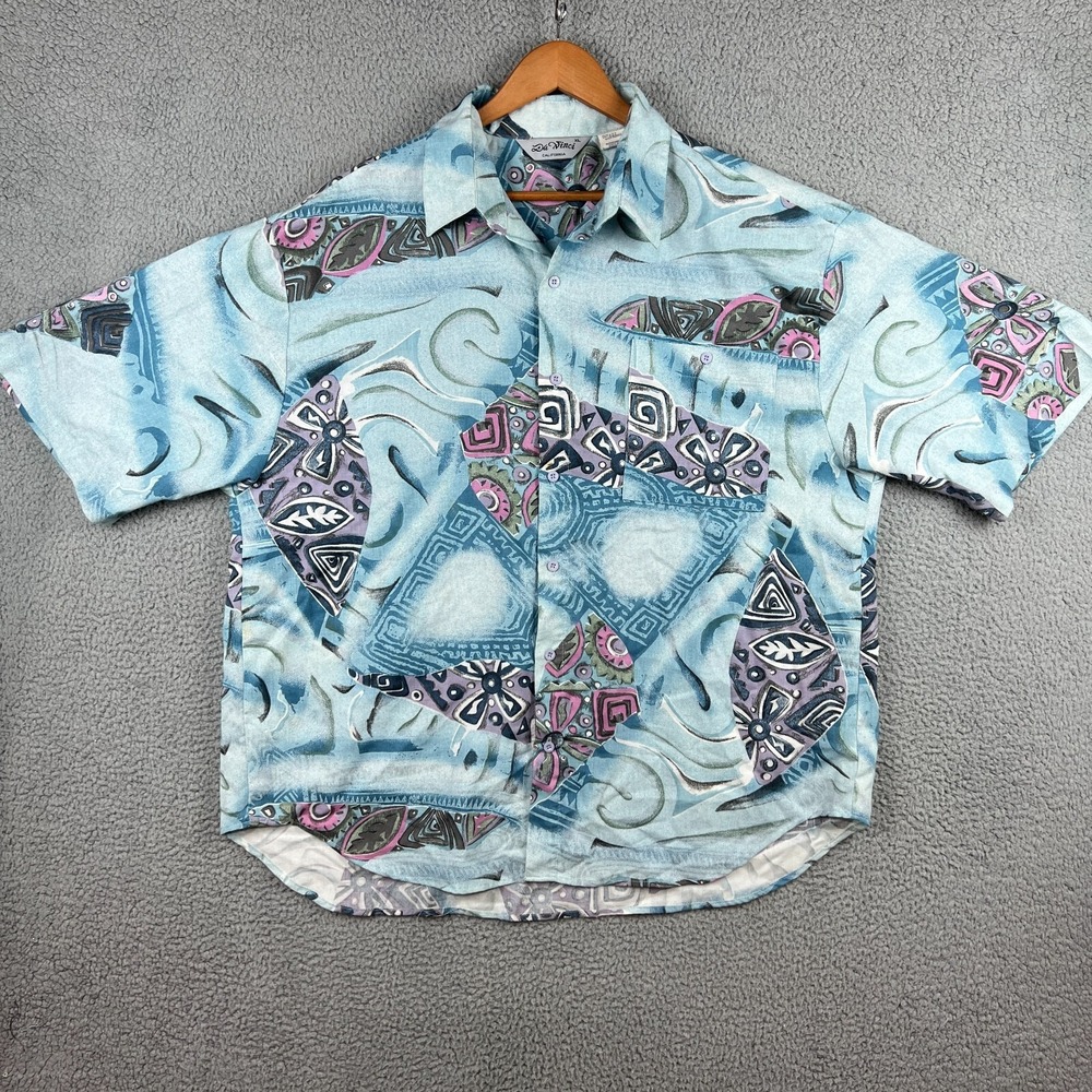 Vintage Da Vinci California Shirt Mens XL Blue Art Allover Print Camp Rayon Poly